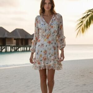 Zadig & Voltaire White Floral Ruffle Rackel Chiffon Long Sleeve Mini Dress Small